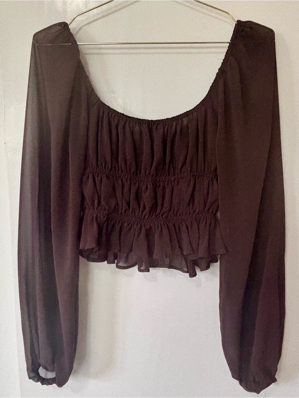 Dynamite| Feminine Brown Smocked Sheer Crop Peasant Blouse Sz S - Picture 6 of 7